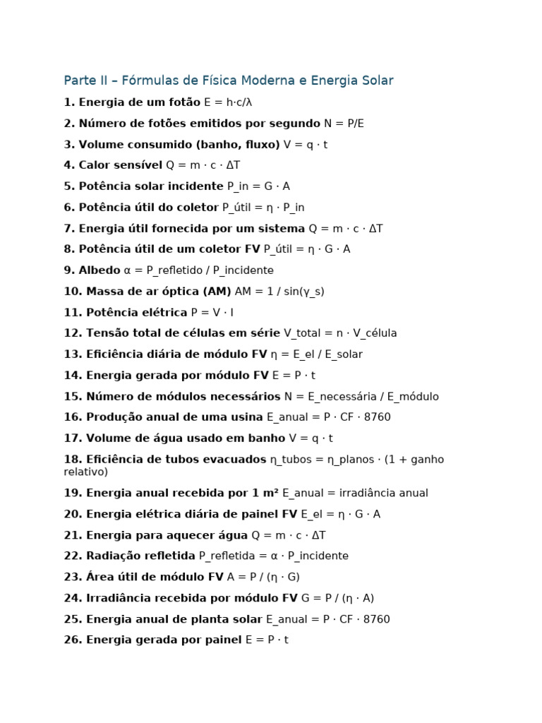 Fórmulas de Física Moderna e Energia Solar | PDF
