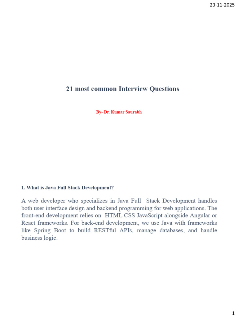 Common Java Full Stack Interview Questions | PDF | Document Object ...