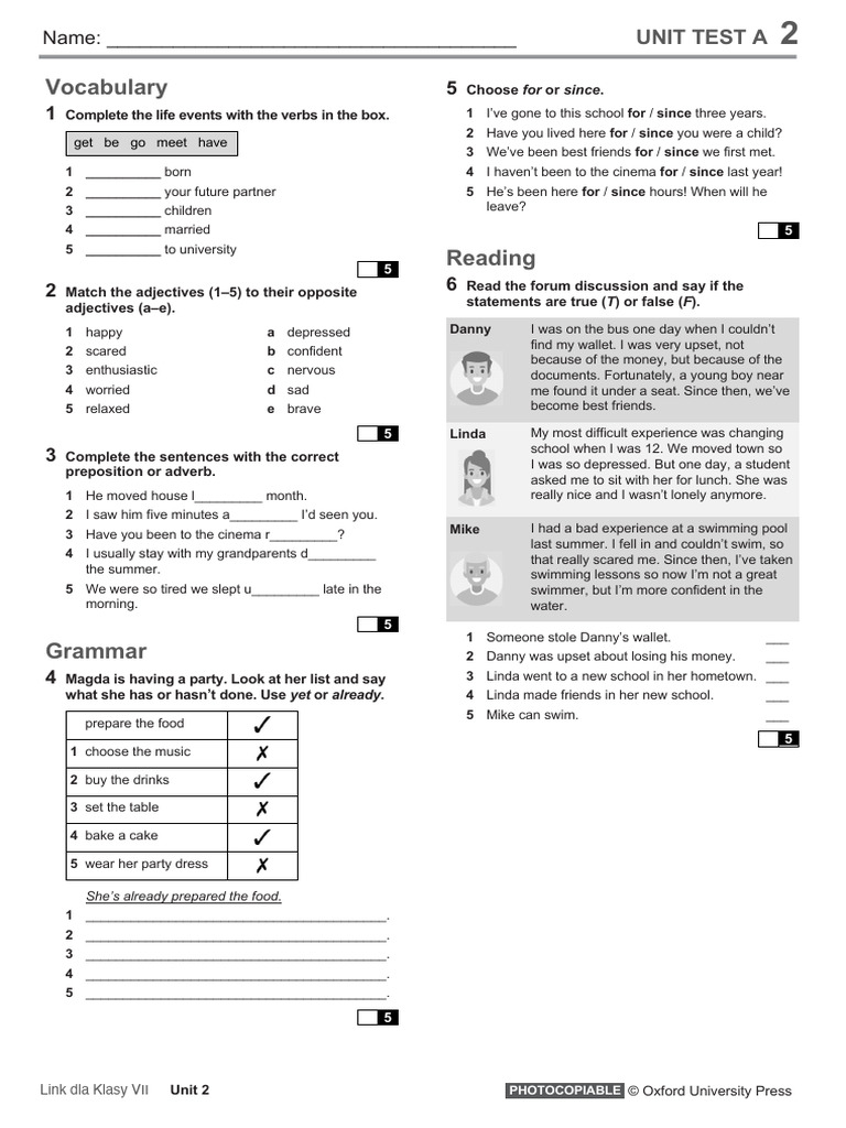 Unit Test A2: Vocabulary & Grammar | PDF | Grammar | Linguistic Morphology