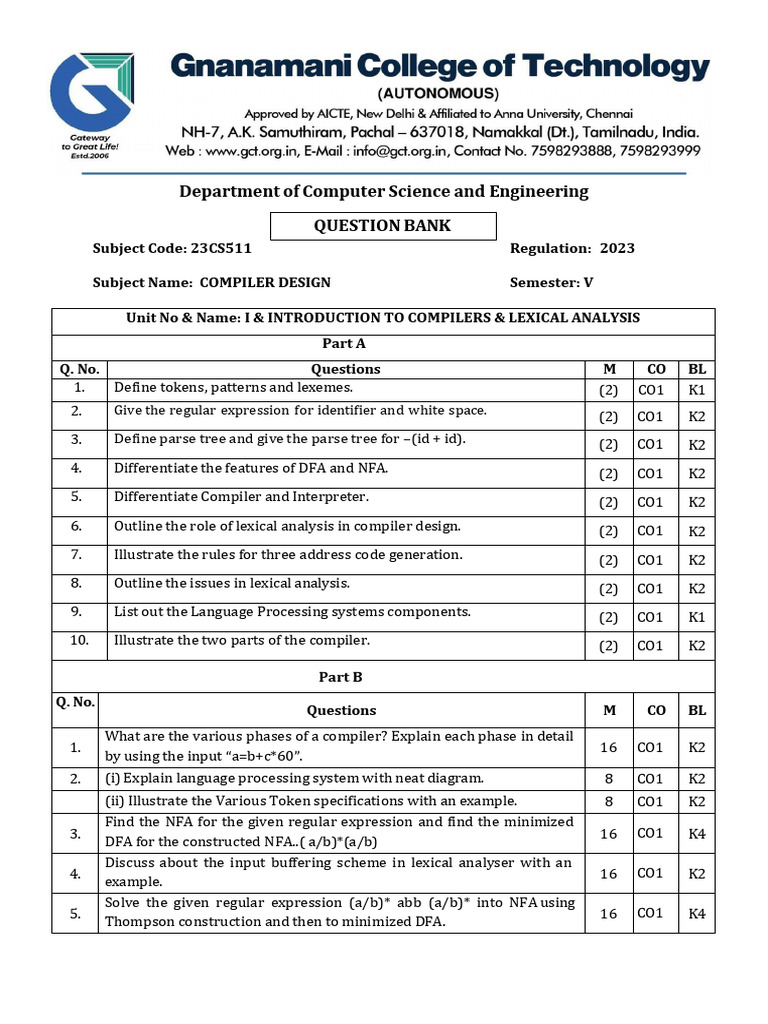 Compiler Design Question Bank 2023 | PDF | Parsing | Compiler