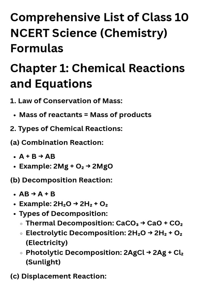 Class 10 NCERT Chemistry Formulas | PDF | Chemical Reactions | Sodium ...