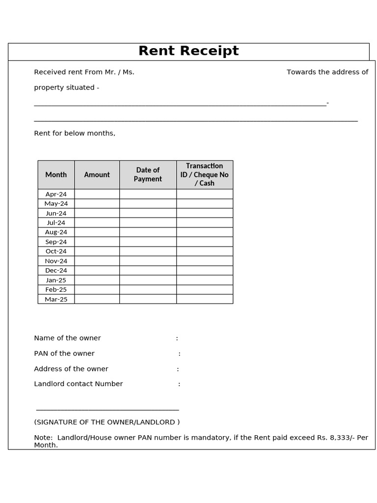 Rent Receipt Template for Landlords | PDF