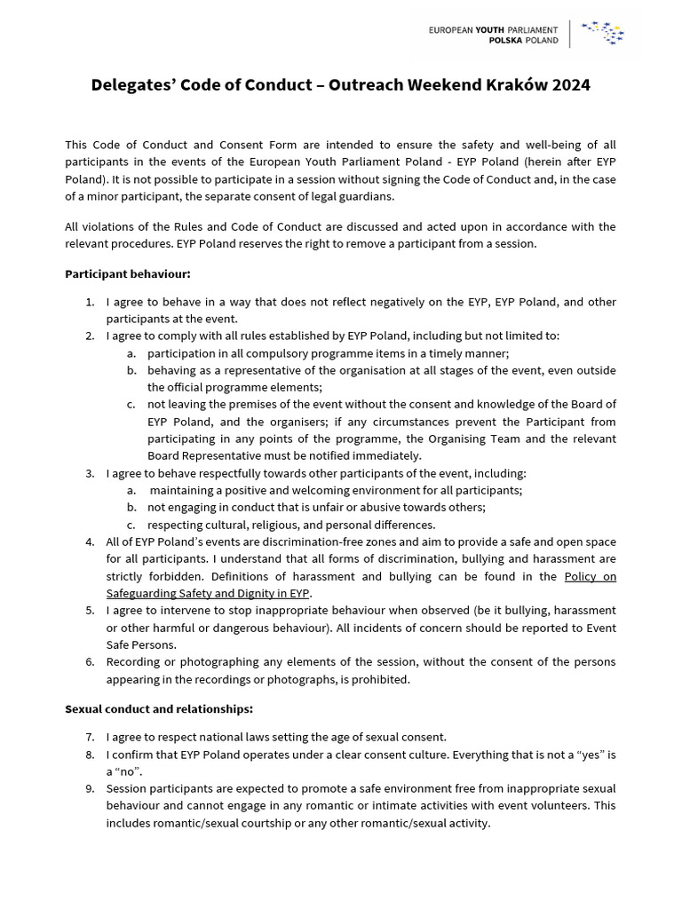 Outreach Weekend Kraków 2024 EN Delegates Code of Conduct | PDF ...