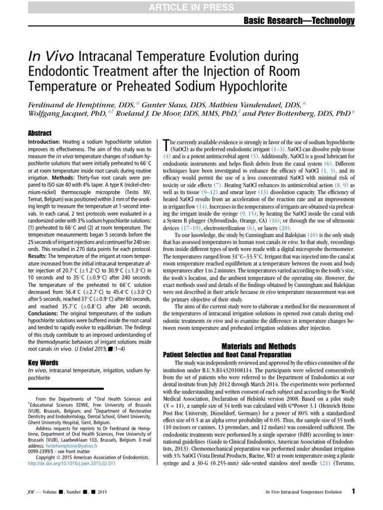 In Vivo Intracanal Temperature Evolution During Endodontic Treatment ...