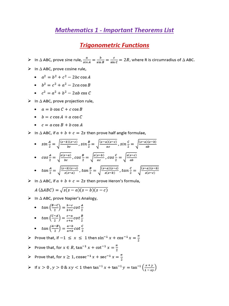 Essential Mathematics Theorems List | PDF