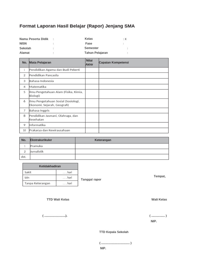 Rapor Hasil Belajar SMA Lengkap | PDF