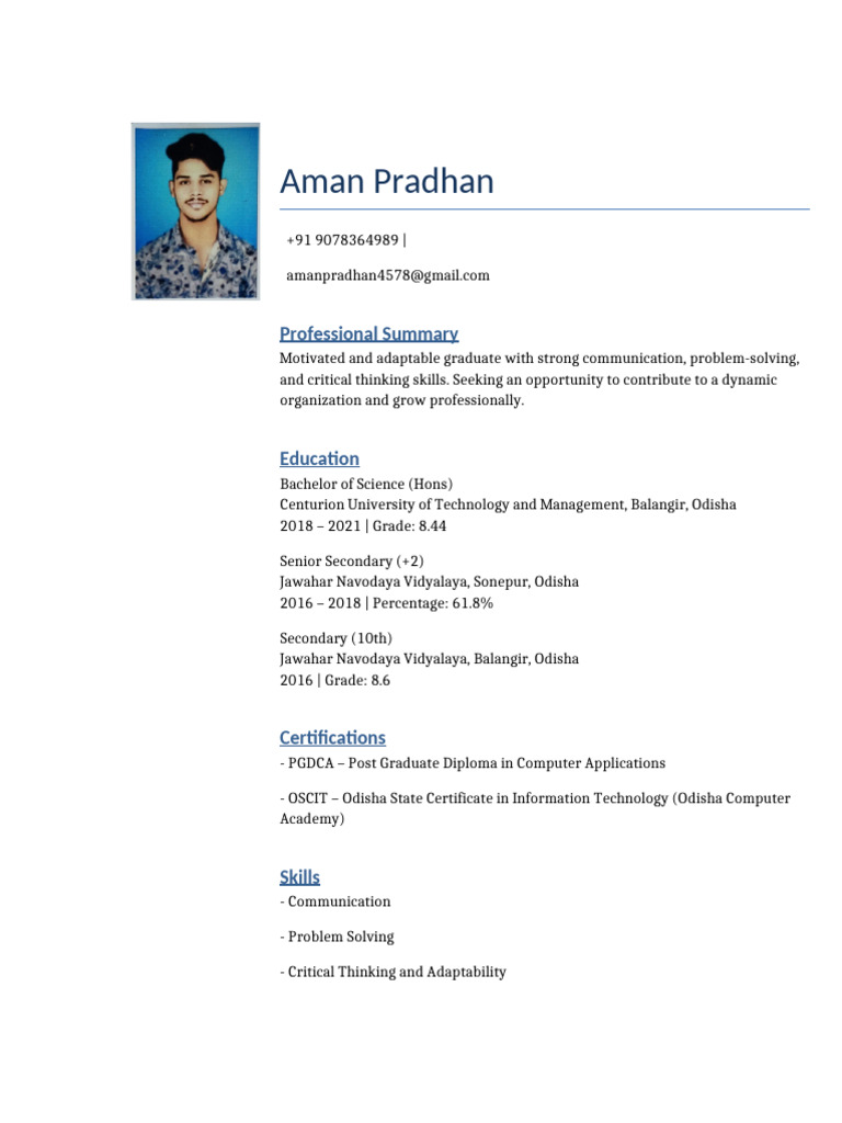 Graduate Resume of Aman Pradhan | PDF