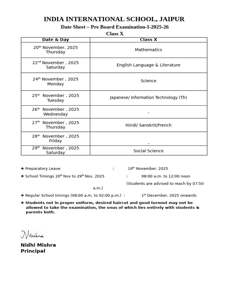 Datesheet Pre Board Examination 2025-26 - Class X | PDF
