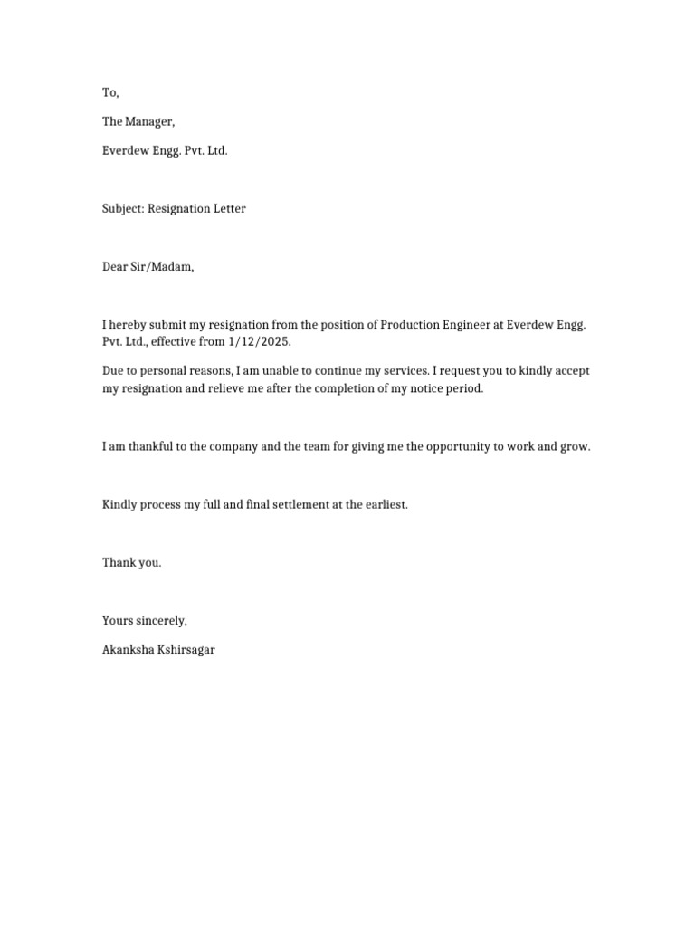 Resignation Letter from Production Engineer | PDF