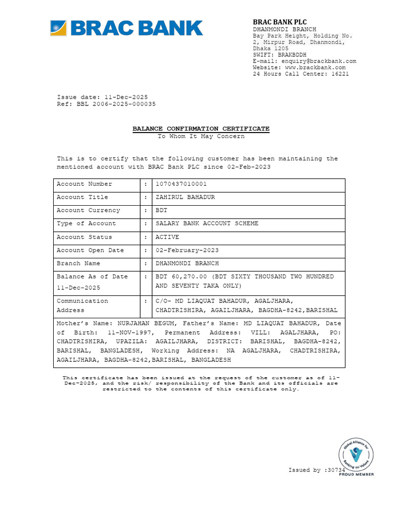 BRAC Bank Balance Confirmation Certificate | PDF | Foreign Exchange ...