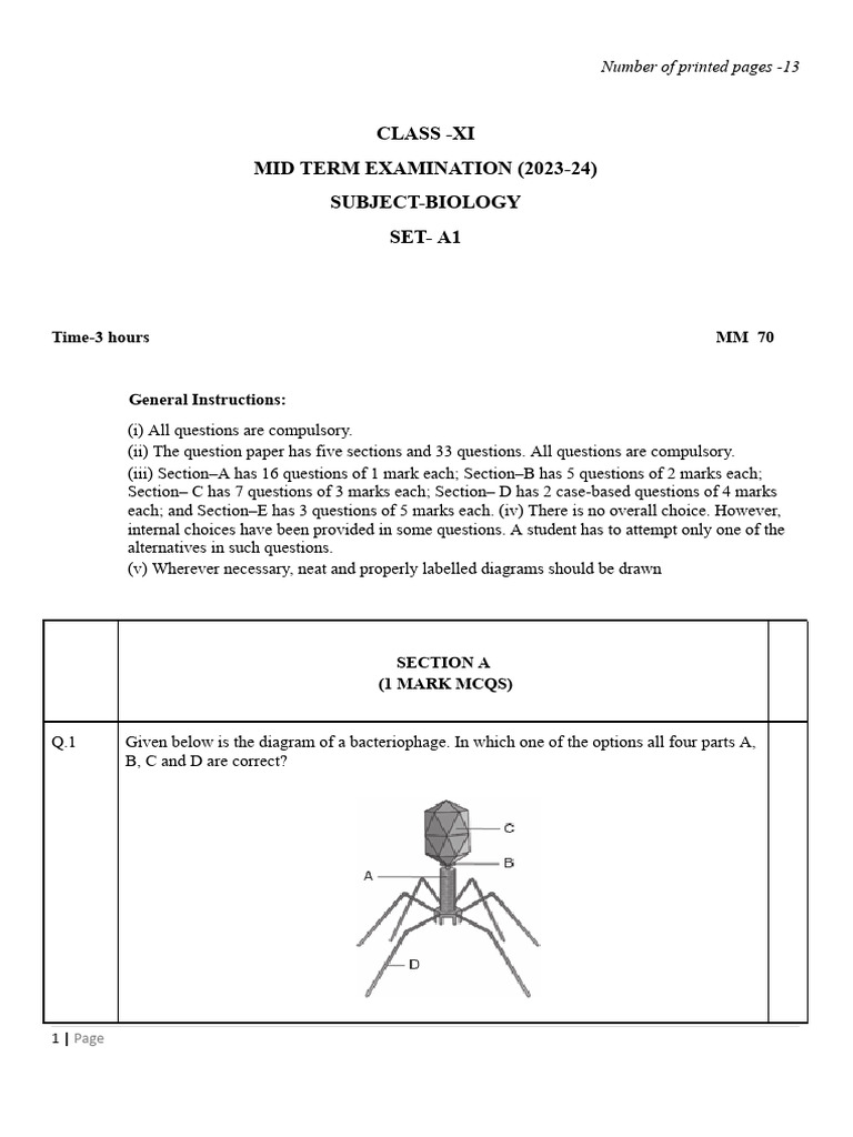 Class XI Biology Mid Term Exam 2023-24 | PDF | Organisms | Biology