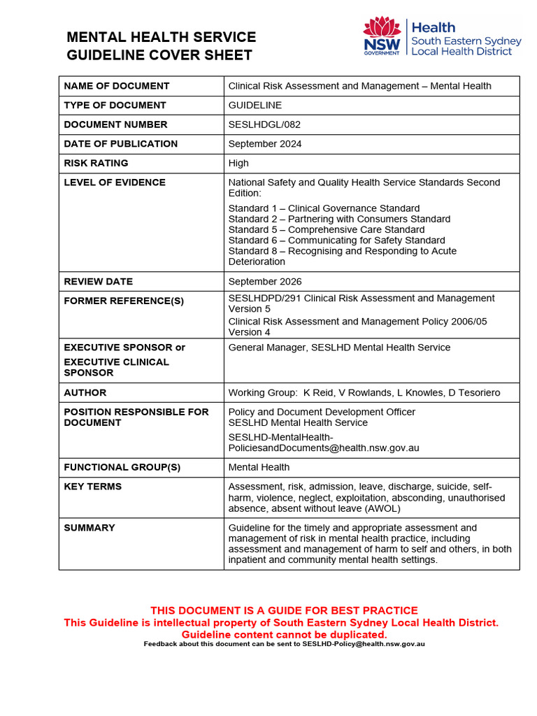 SESLHDGL 082 - Clinical Risk Assessment and Management - Mental Health1 ...