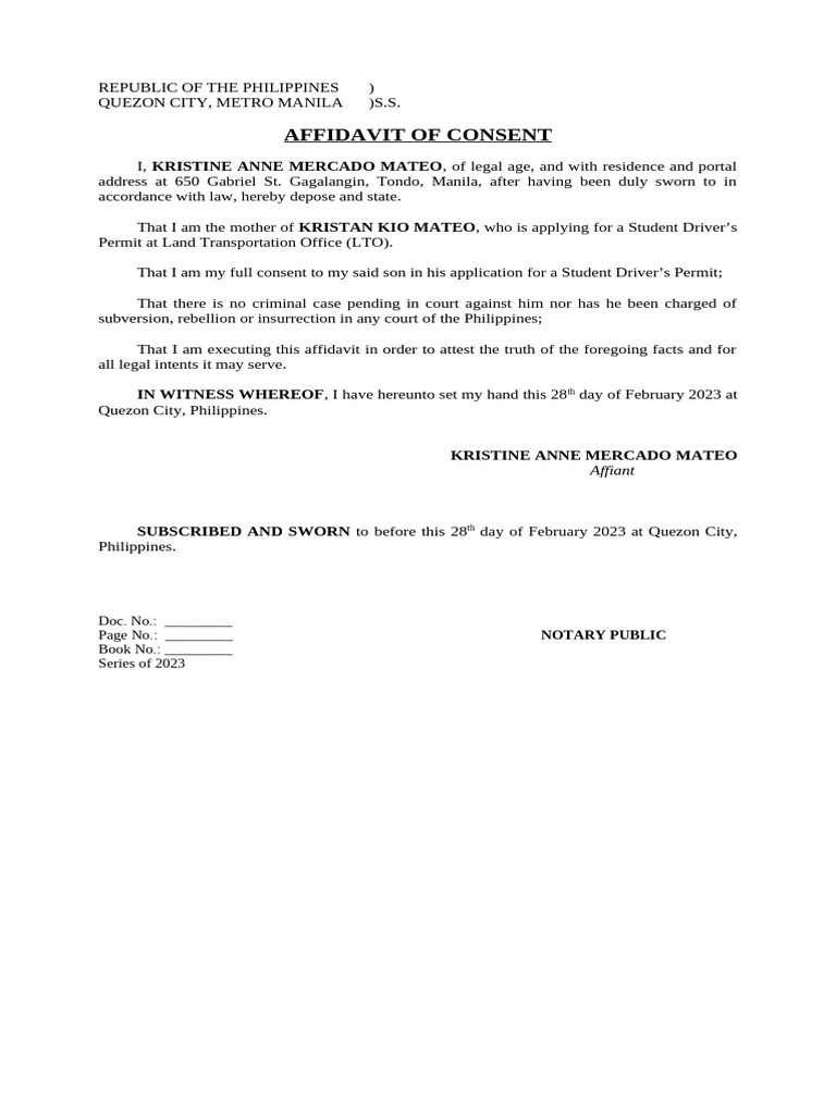 Affidavit of Consent for Student Permit | PDF