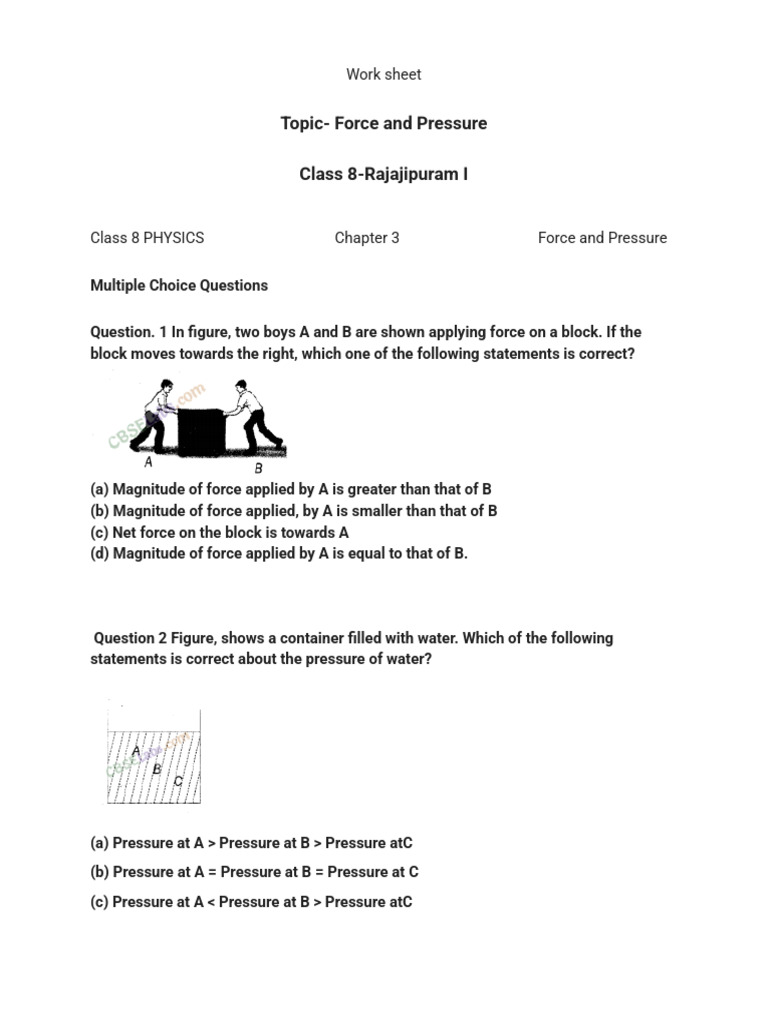 Class 8 Physics: Force and Pressure Quiz | PDF | Force | Mass