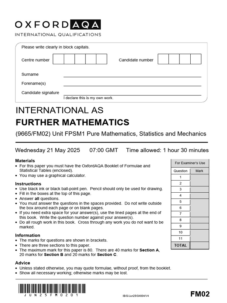 International AS Further Mathematics Exam | PDF | Collision | Force