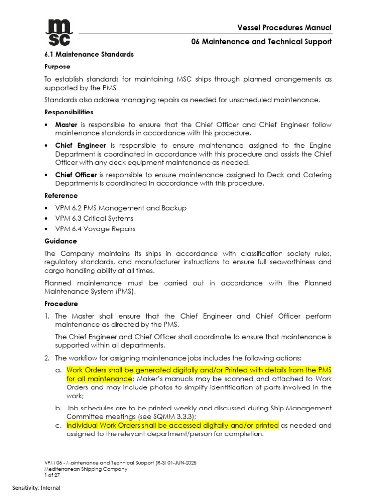 MSC Vessel Maintenance Procedures Guide | PDF | Calibration | Ships