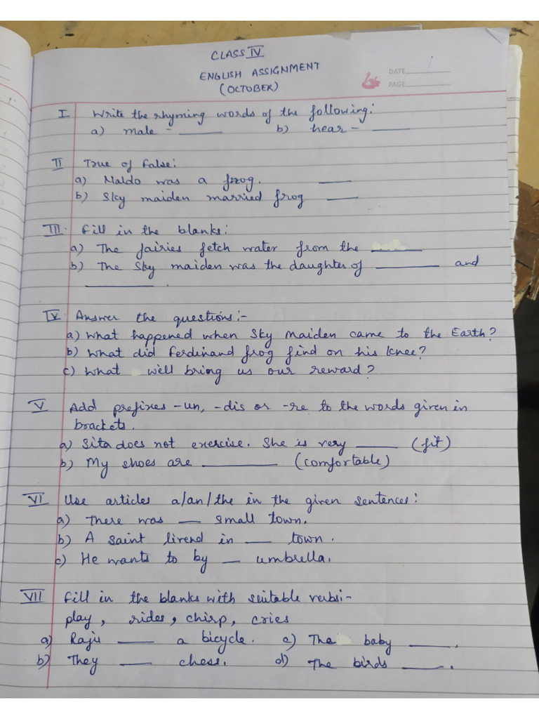 Class 4 English Assignment (October) | PDF