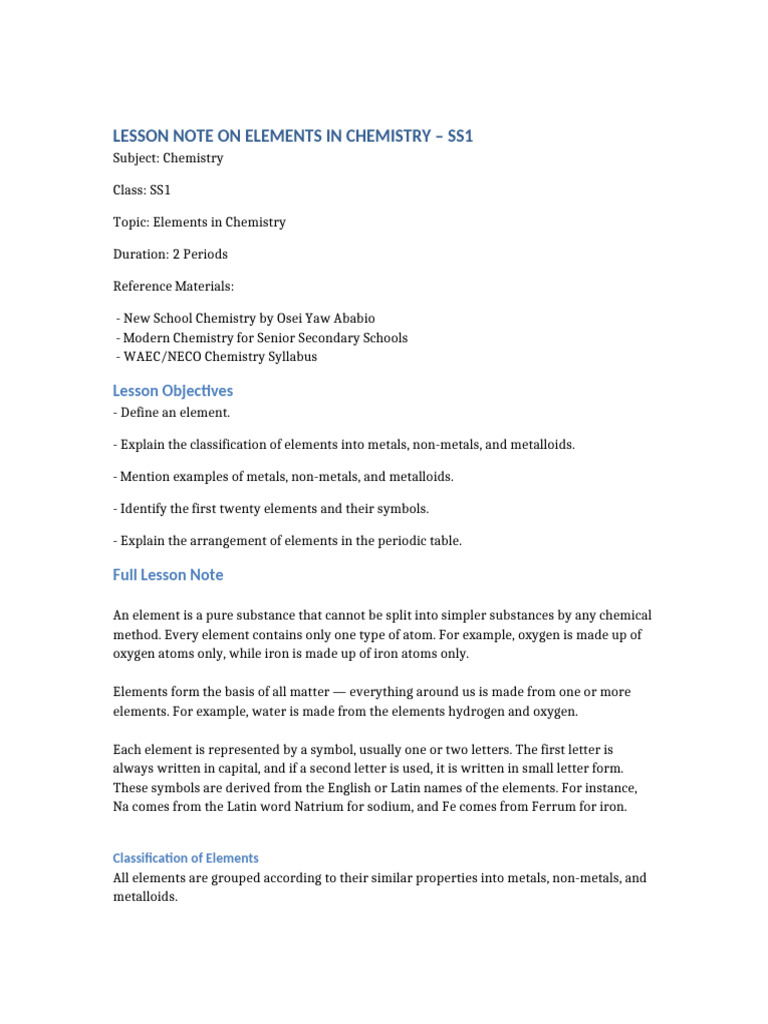 Lesson Note On Elements in Chemistry SS1 | PDF | Chemical Elements ...