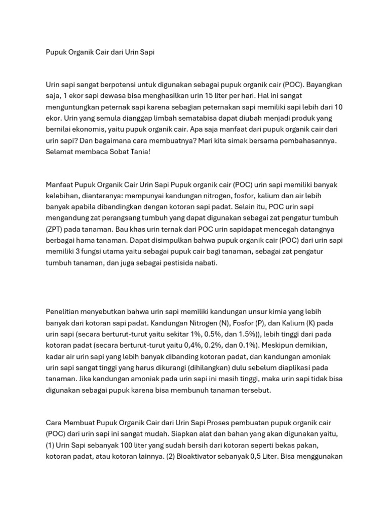 Pupuk Organik Cair dari Urin Sapi: Manfaat & Cara Buat | PDF