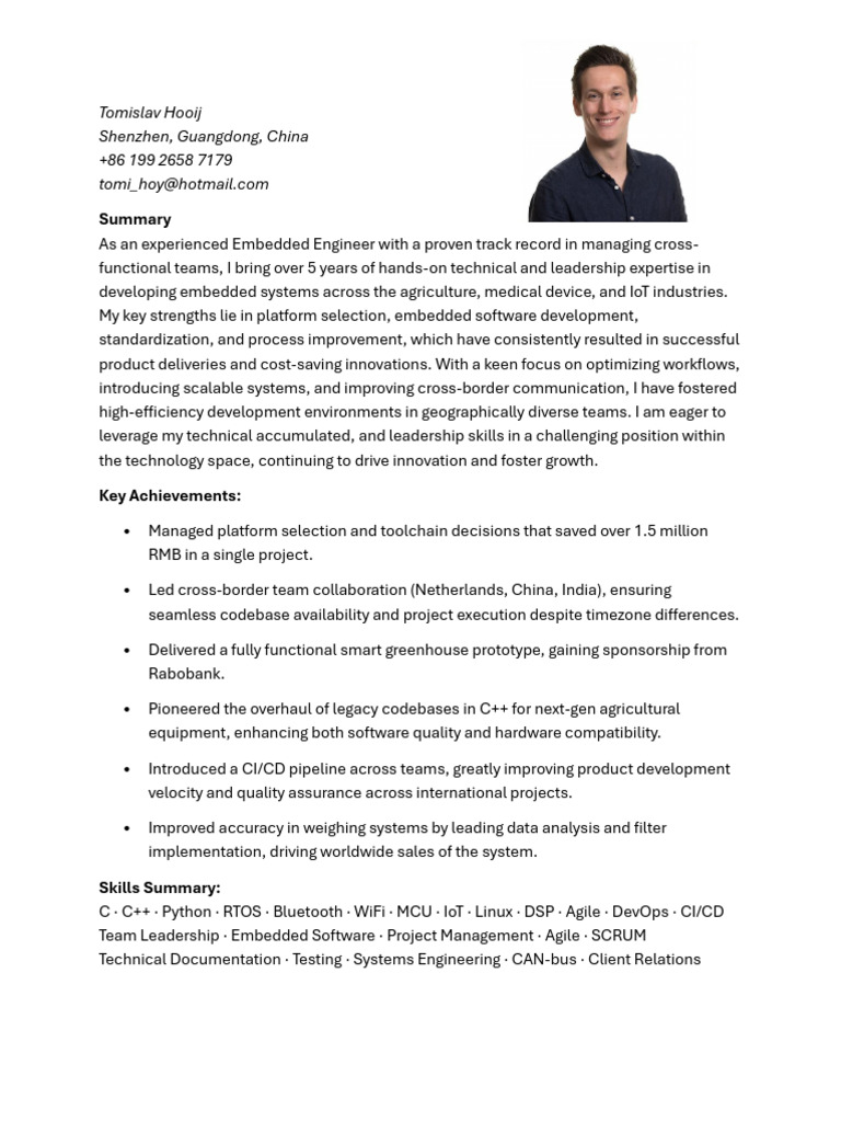 Experienced Embedded Engineer Resume | PDF | Embedded System ...
