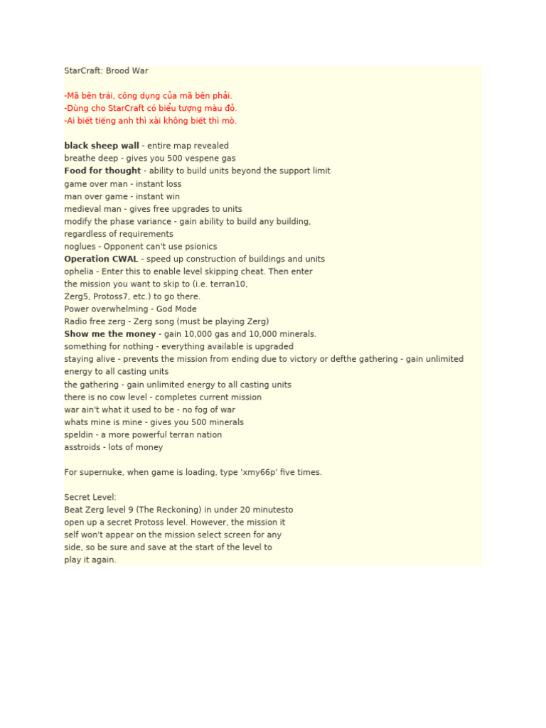 StarCraft: Brood War Cheat Codes Guide | PDF
