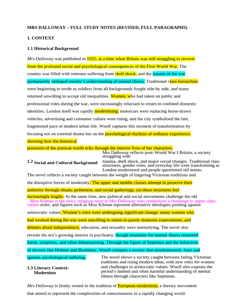 Mrs Dalloway Study Notes Overview | PDF | Mrs Dalloway | Virginia Woolf