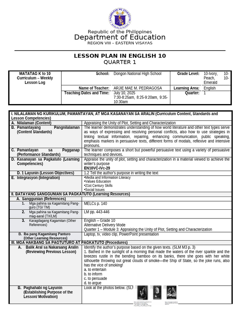 English 10 Lesson Plan: Plot & Characterization | PDF | Learning ...