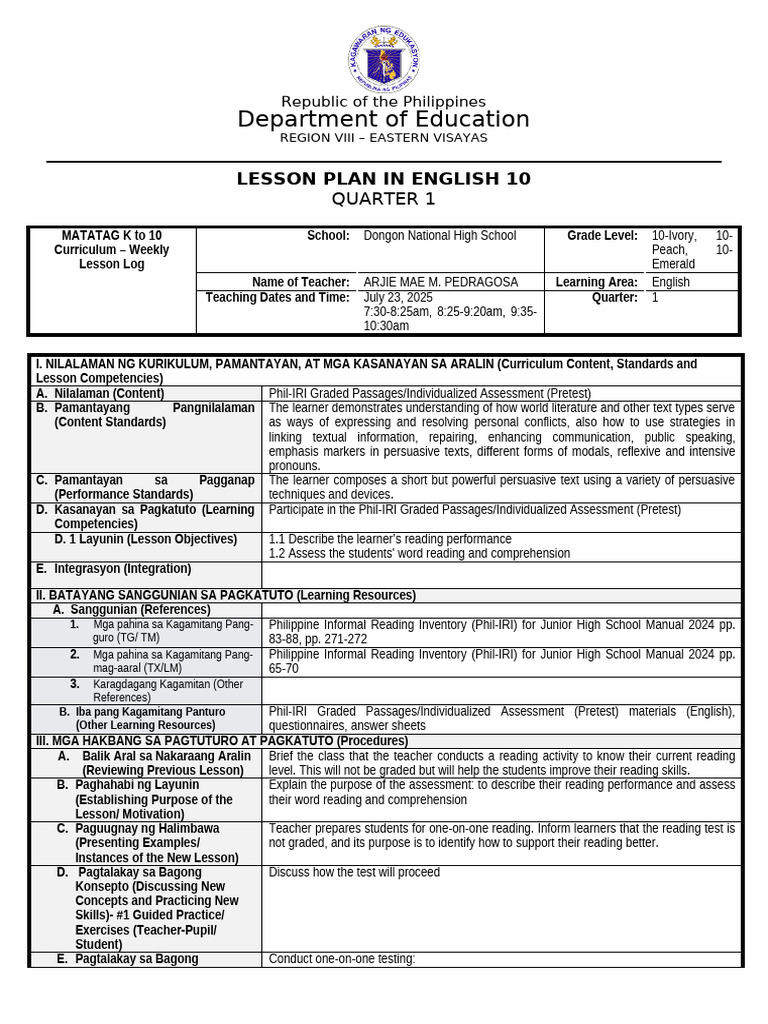 Dlp English 10 Q1 Week 6 Day 3 July 23 2025 Pdf Reading