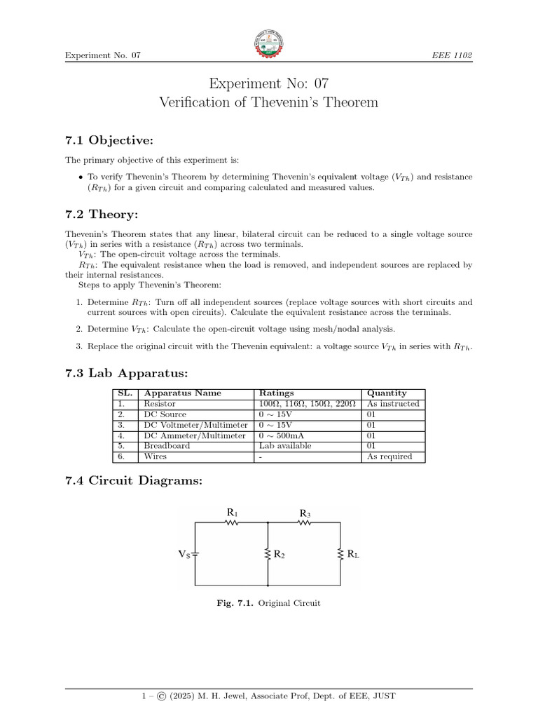 Thevenin's Theorem Verification Lab | PDF | Electrical Network | Voltage