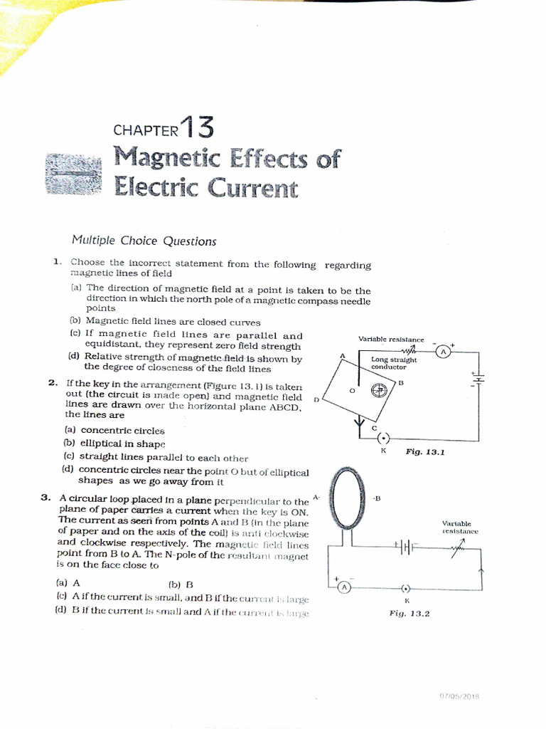 Magnetic Effects of Electric Current MCQs | PDF | Magnetic Field ...