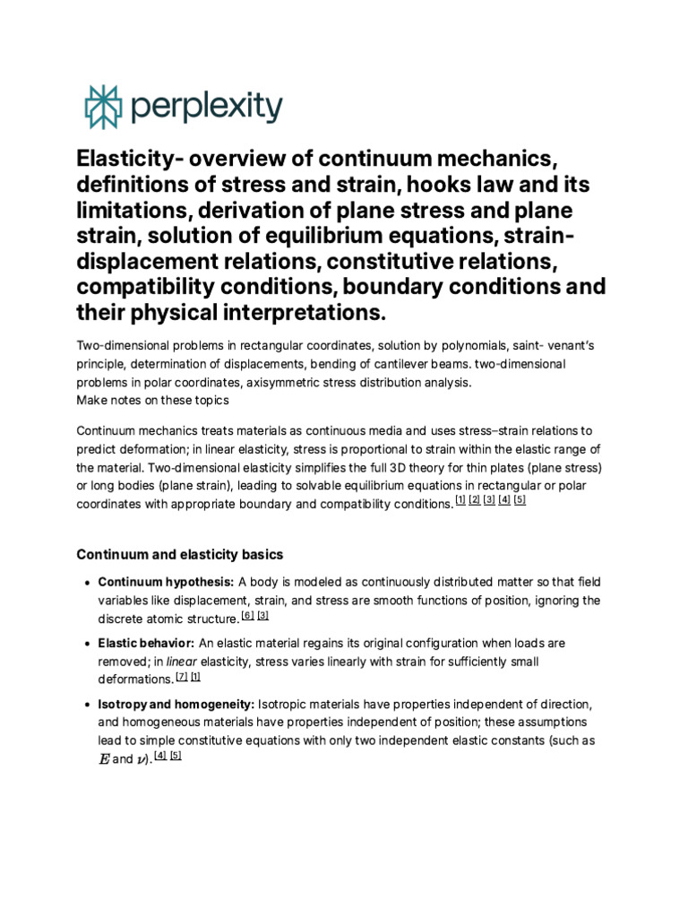 2D Elasticity and Continuum Mechanics Overview | PDF | Stress ...