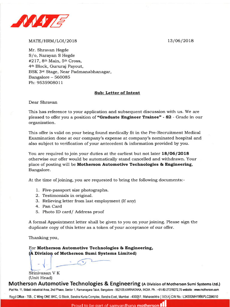 Motherson Automotive Offer Letter | PDF