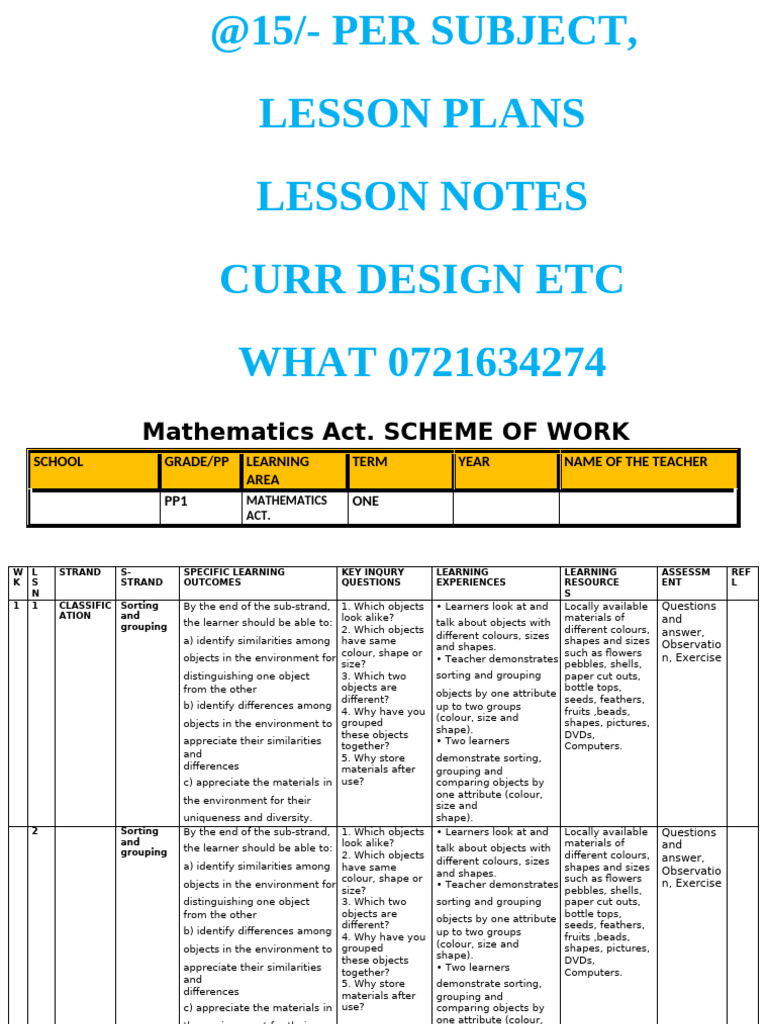 Mathematics Lesson Plans for PP1 | PDF | Learning