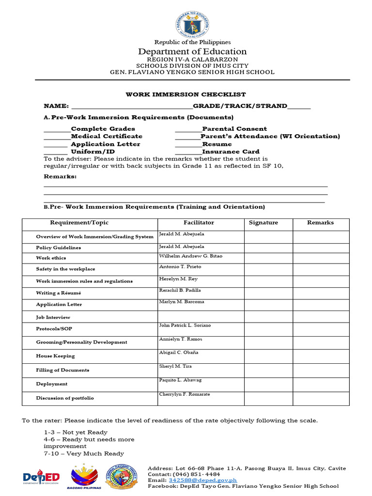 WORK IMMERSION CHECKLIST and CERTIFICATION | PDF