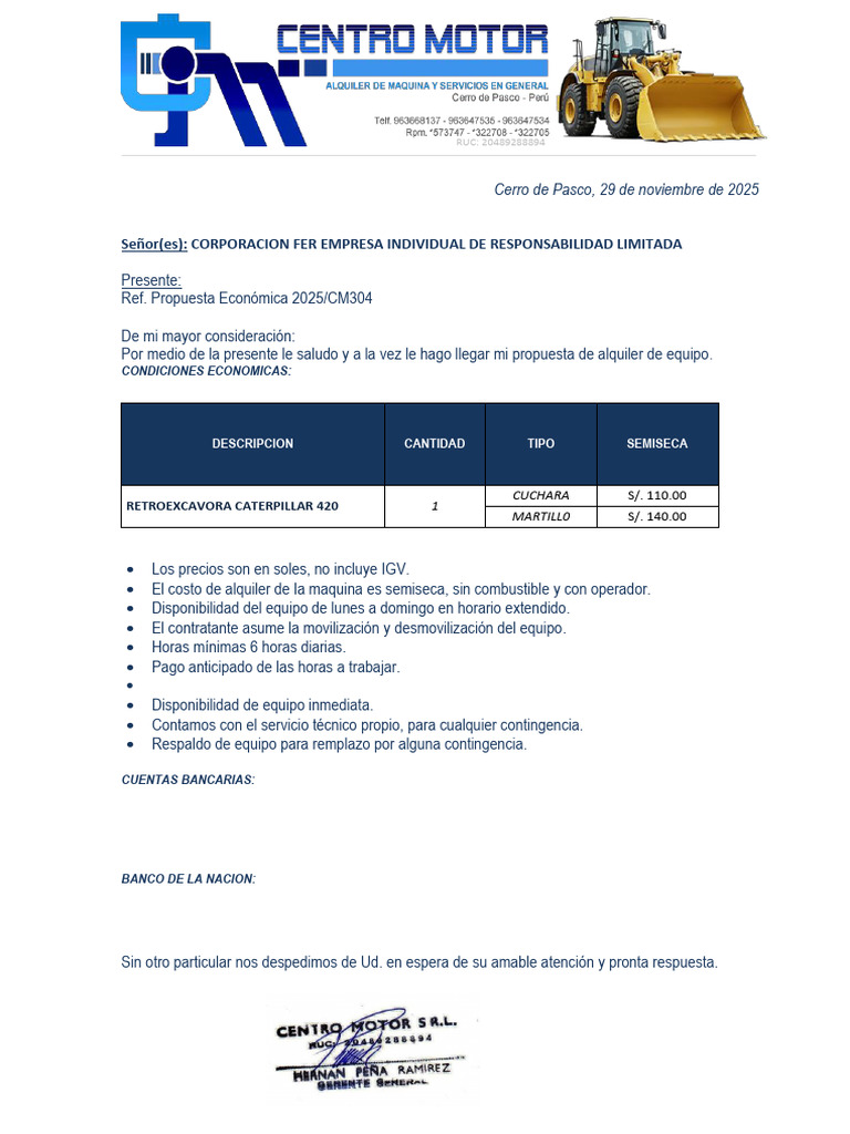 Propuesta de Alquiler de Retroexcavadora 2025 | PDF