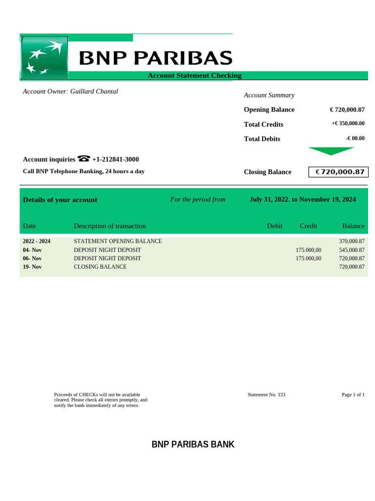 Bank Bnp Paribas Company Statement Word And Pdf Template Pdf 