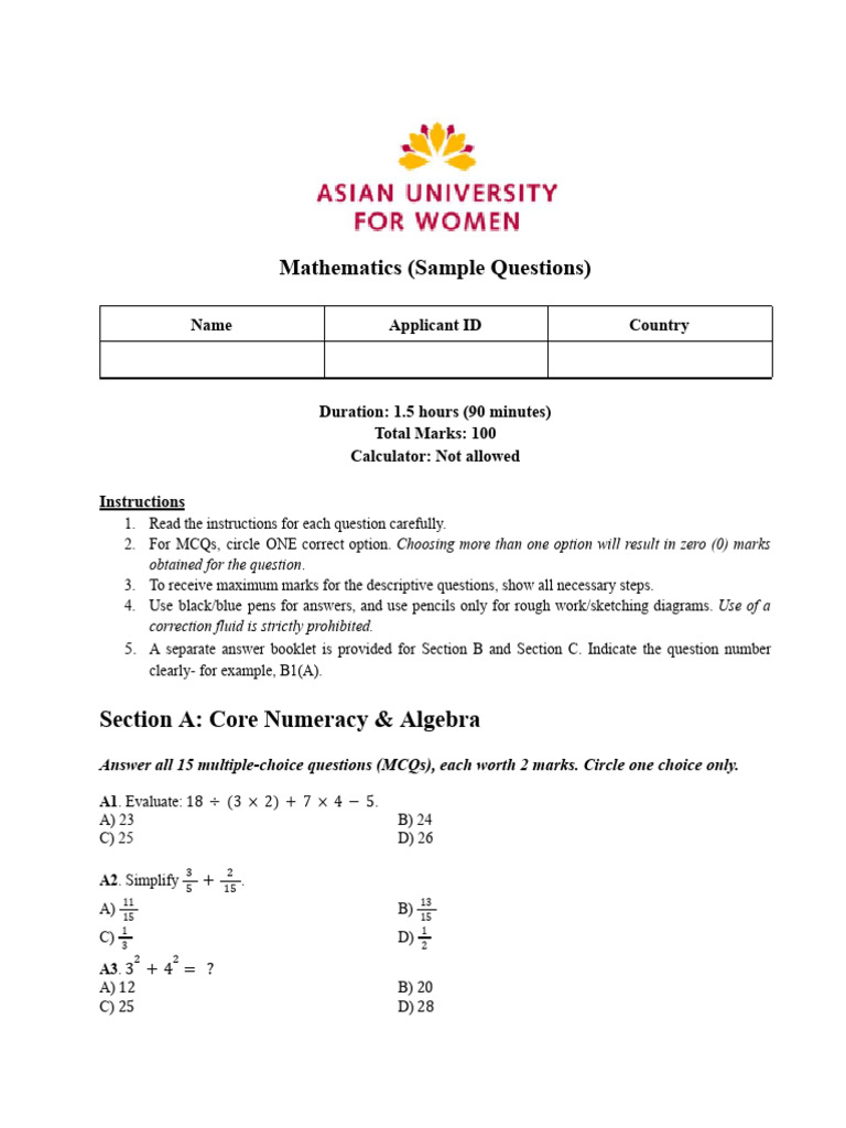Mathematics Admission Test Sample Questions | PDF | Length | Area
