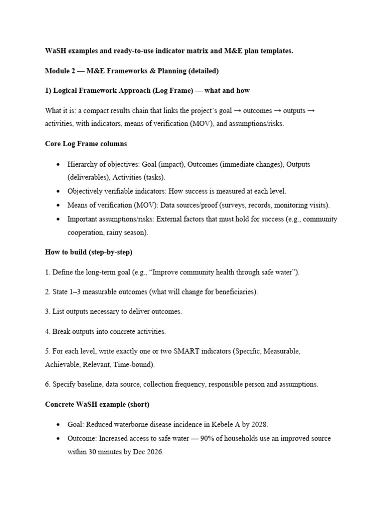 M&E Frameworks & Planning (Detailed) | PDF | Wash