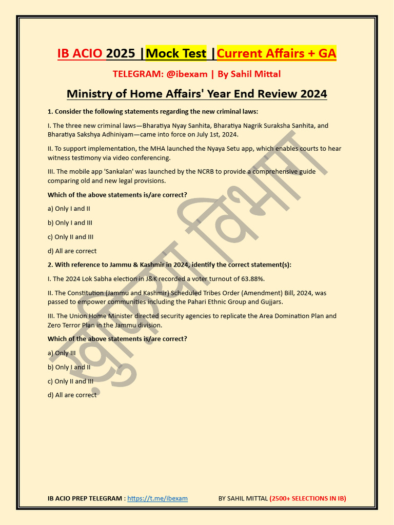 IB ACIO 2025 Exam Prep & Current Affairs | PDF | Government Of India