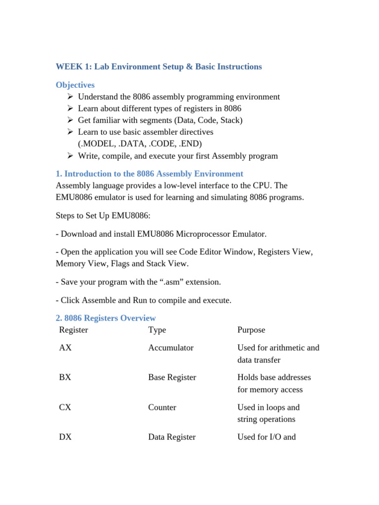 8086 Assembly Setup & Basics Guide | PDF | Assembly Language | Computer ...