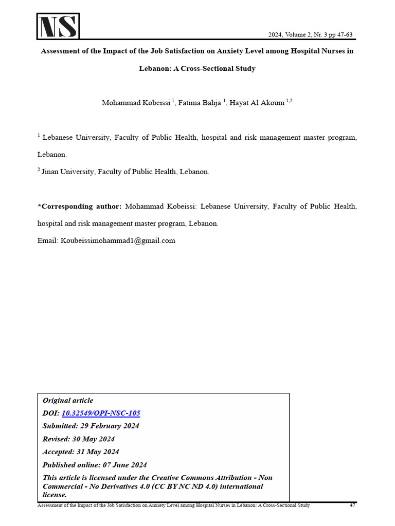 Job Satisfaction and Anxiety in Lebanese Nurses | PDF | Job ...