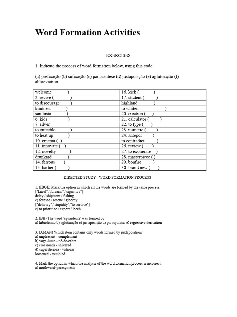 Word Formation Exercises and Analysis | PDF | Language Mechanics ...