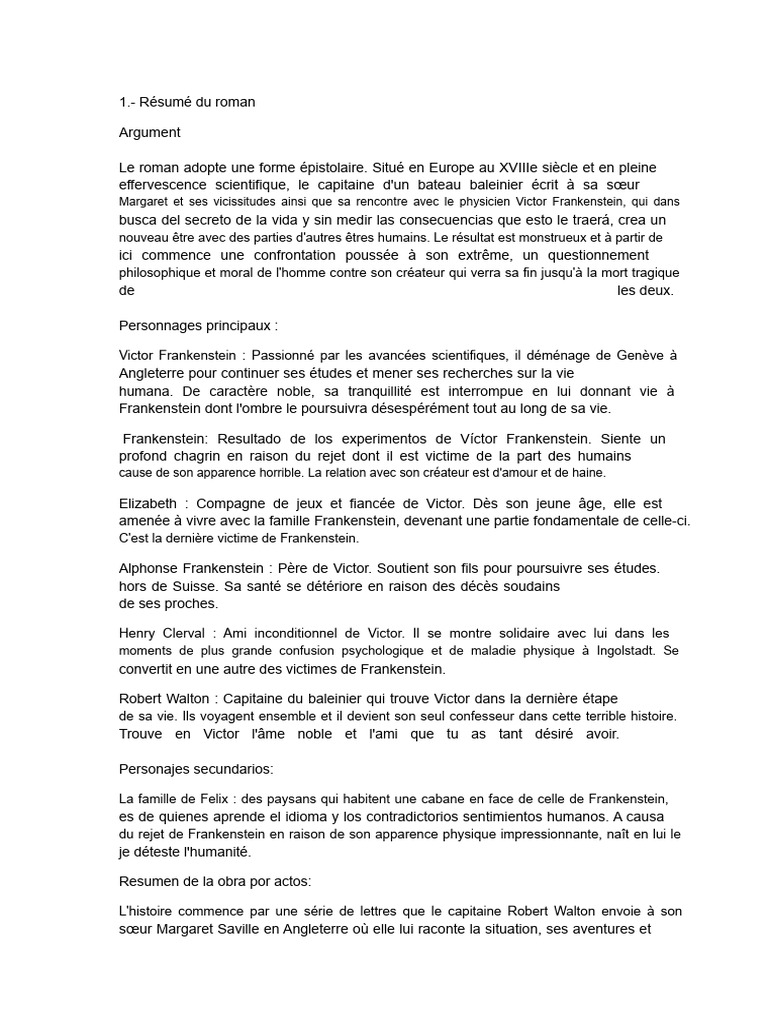 Résumé du roman Frankenstein en lettres | PDF | Frankenstein | Prométhée