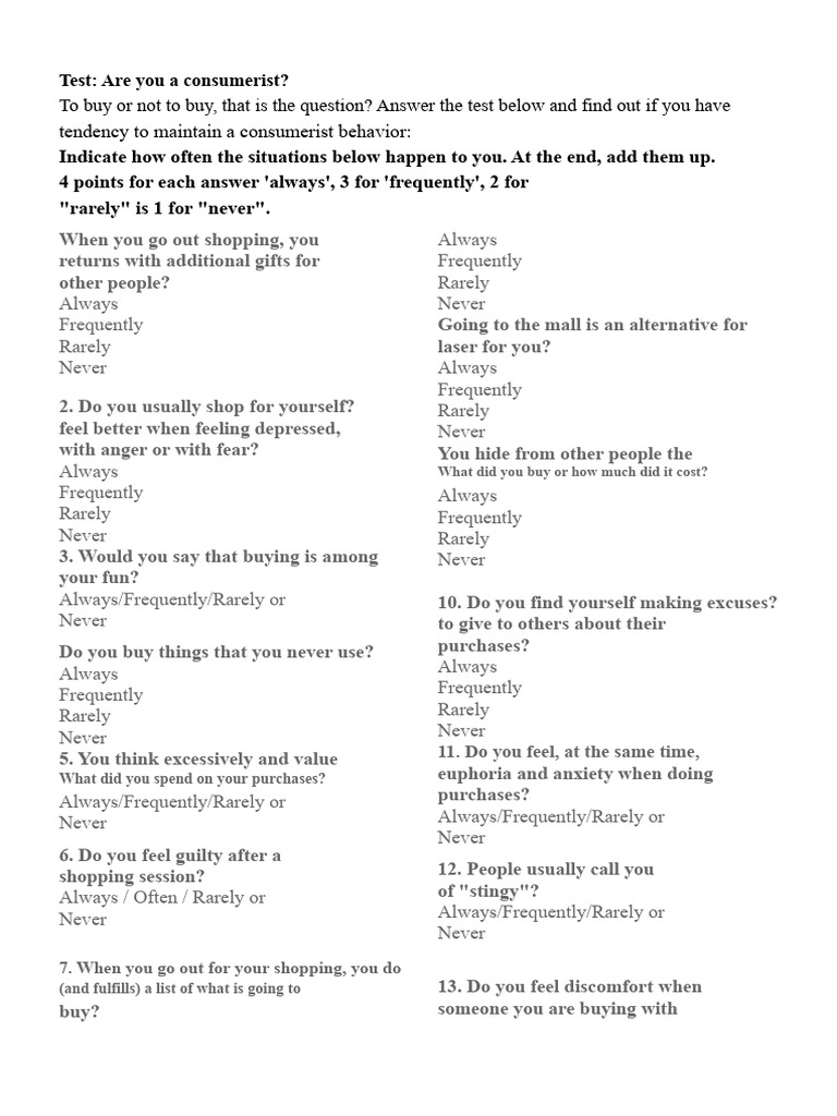 Consumerism Behavior Test Guide | PDF | Consumerism | Social Psychology