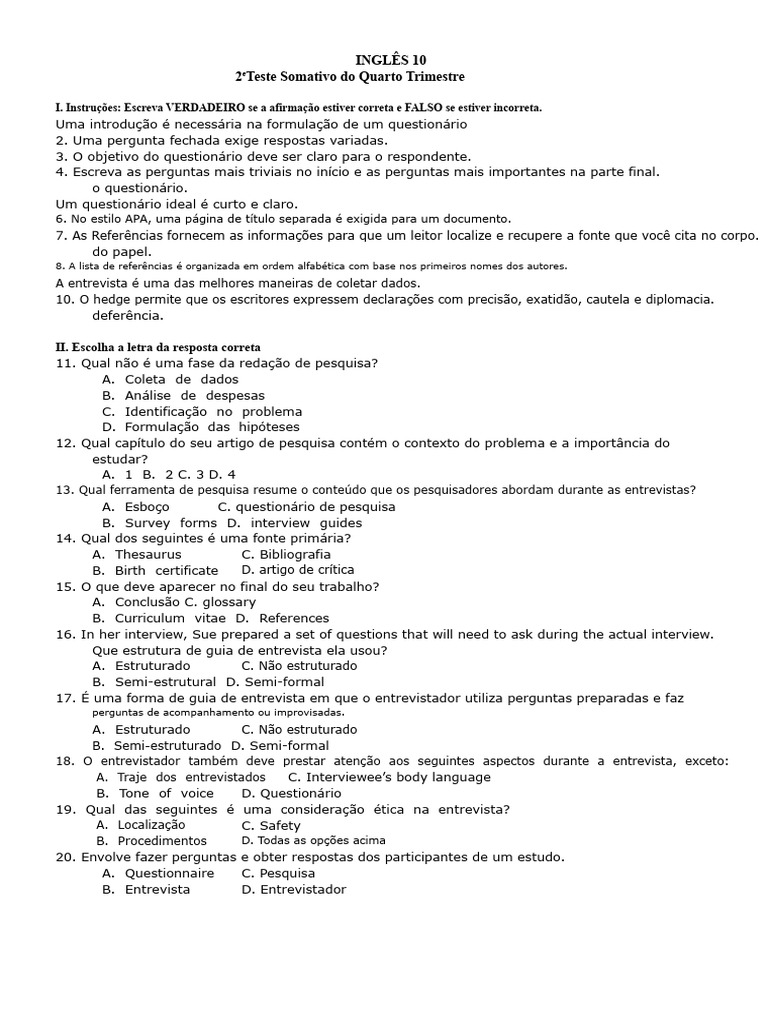 Teste Somativo de Inglês 10: Questões e Respostas | PDF | Entrevista