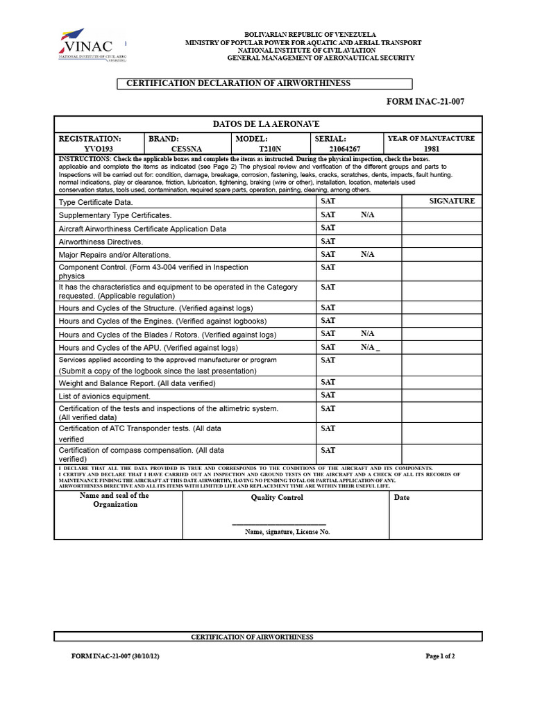 Airworthiness Certification Form INAC-21-007 | PDF | Aviation | Aerospace