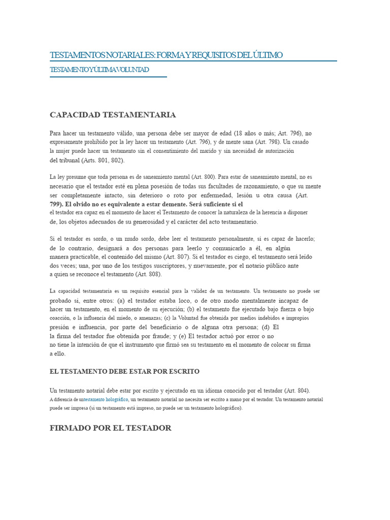 Requisitos del Testamento Notarial | PDF | Voluntad y testamento | Ley ...