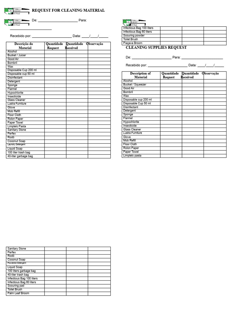 Cleaning Supplies Request Form | PDF | Cleaning Products | Hygiene