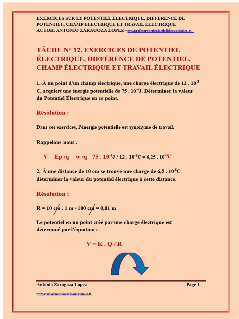 Exercices sur le potentiel électrique PDF Champ électrique — free download