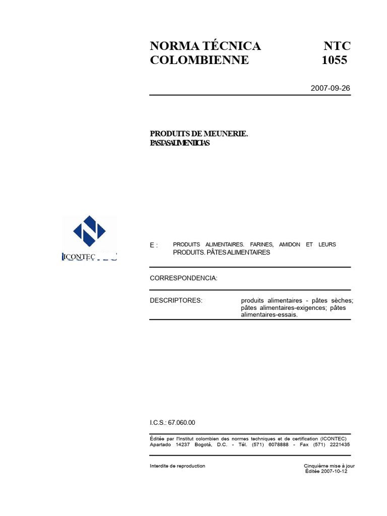 Norme NTC 1055 : Exigences Pâtes Alimentaires | PDF | Gluten | Pâtes